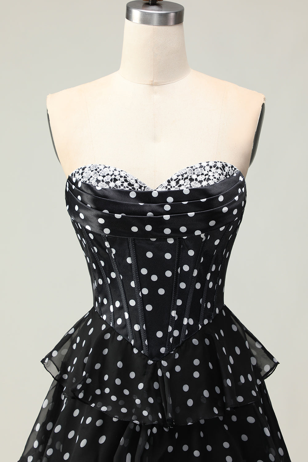 Sparkly Black and White Polka Dots Ruffled Corset Long Prom Dress