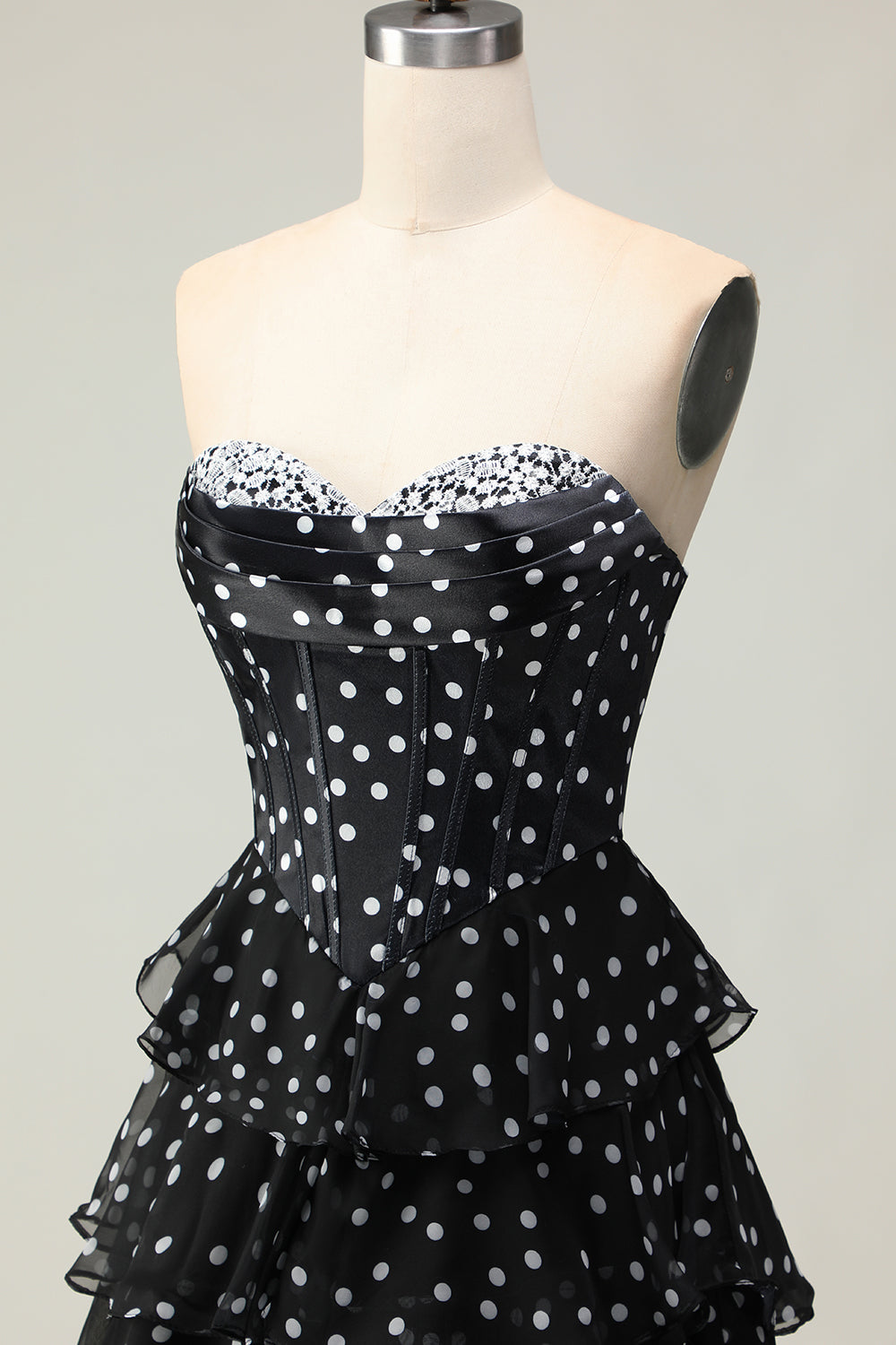 Sparkly Black and White Polka Dots Ruffled Corset Long Prom Dress