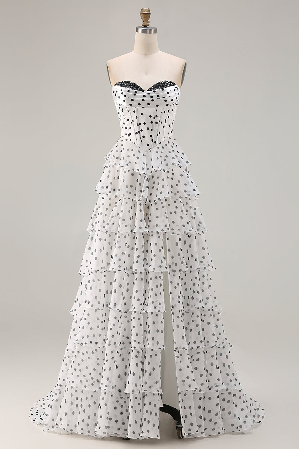 Sparkly Black and White Polka Dots Ruffled Corset Long Prom Dress