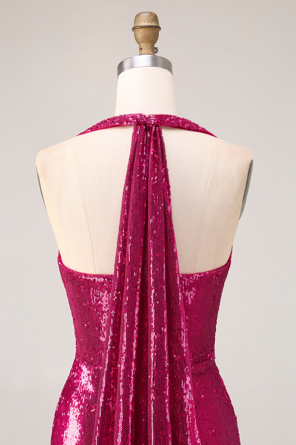 Sparkly Fuchsia Mermaid Halter Sequin Long Prom Dress with Cape