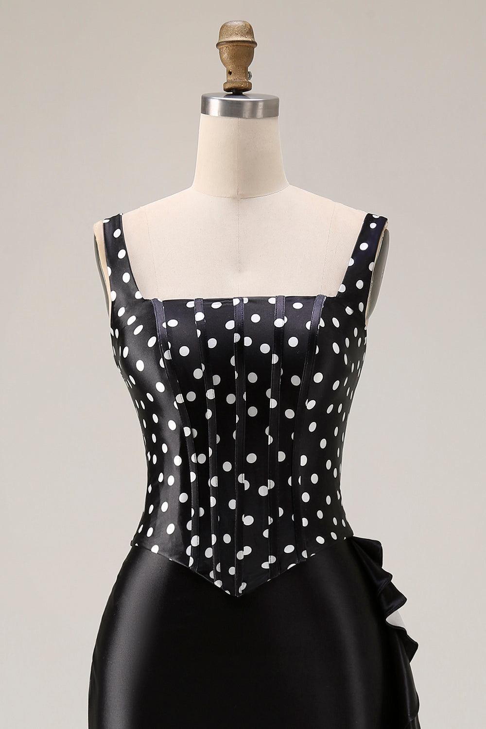 Black and White Polka Dots Corset Mermaid Asymmetrical Prom Dress with Ruffles