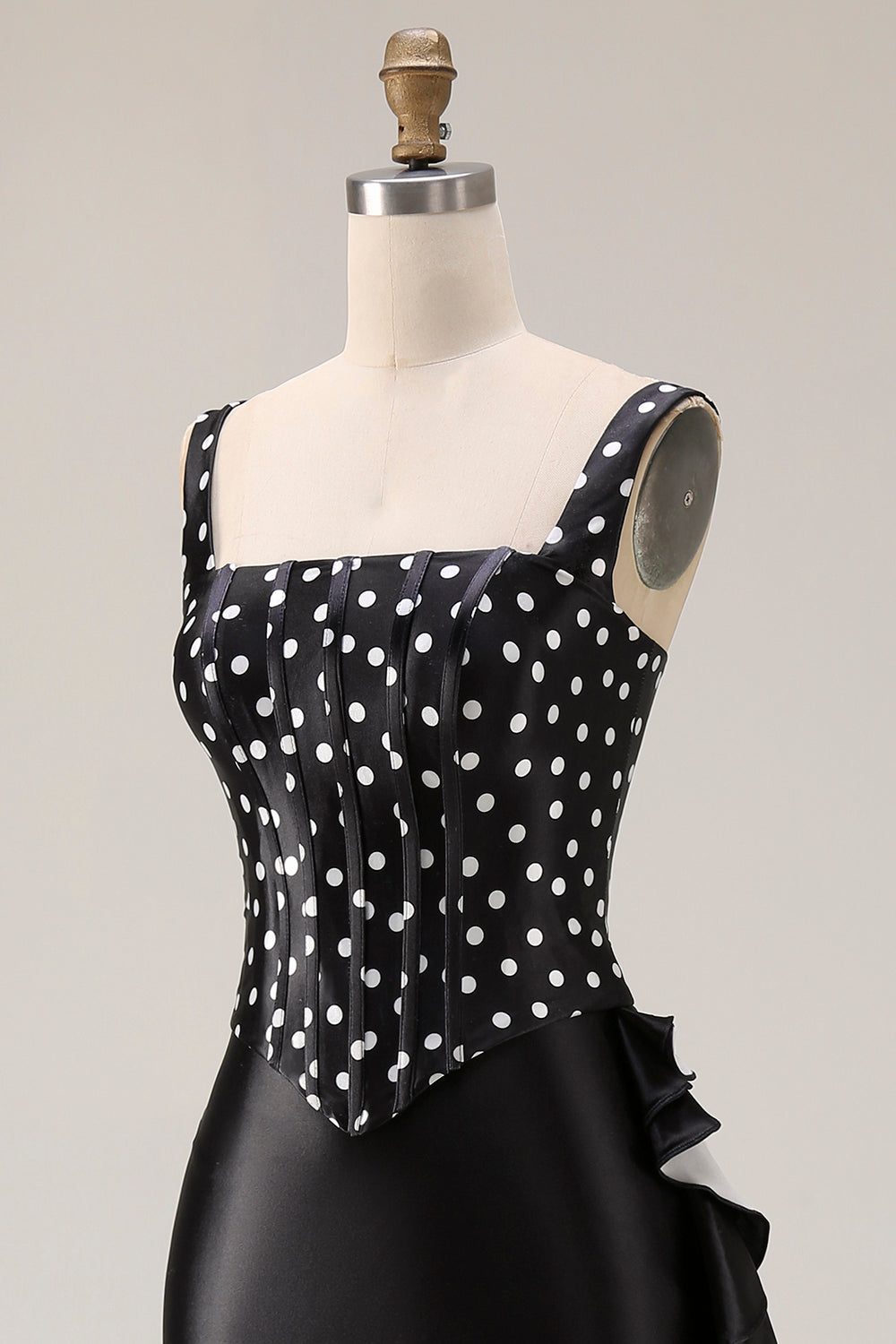 Black and White Polka Dots Corset Mermaid Asymmetrical Prom Dress with Ruffles