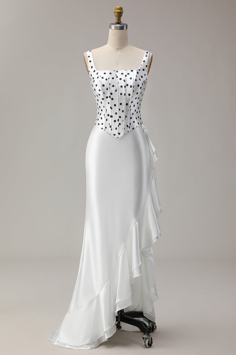 Black and White Polka Dots Corset Mermaid Asymmetrical Prom Dress with Ruffles