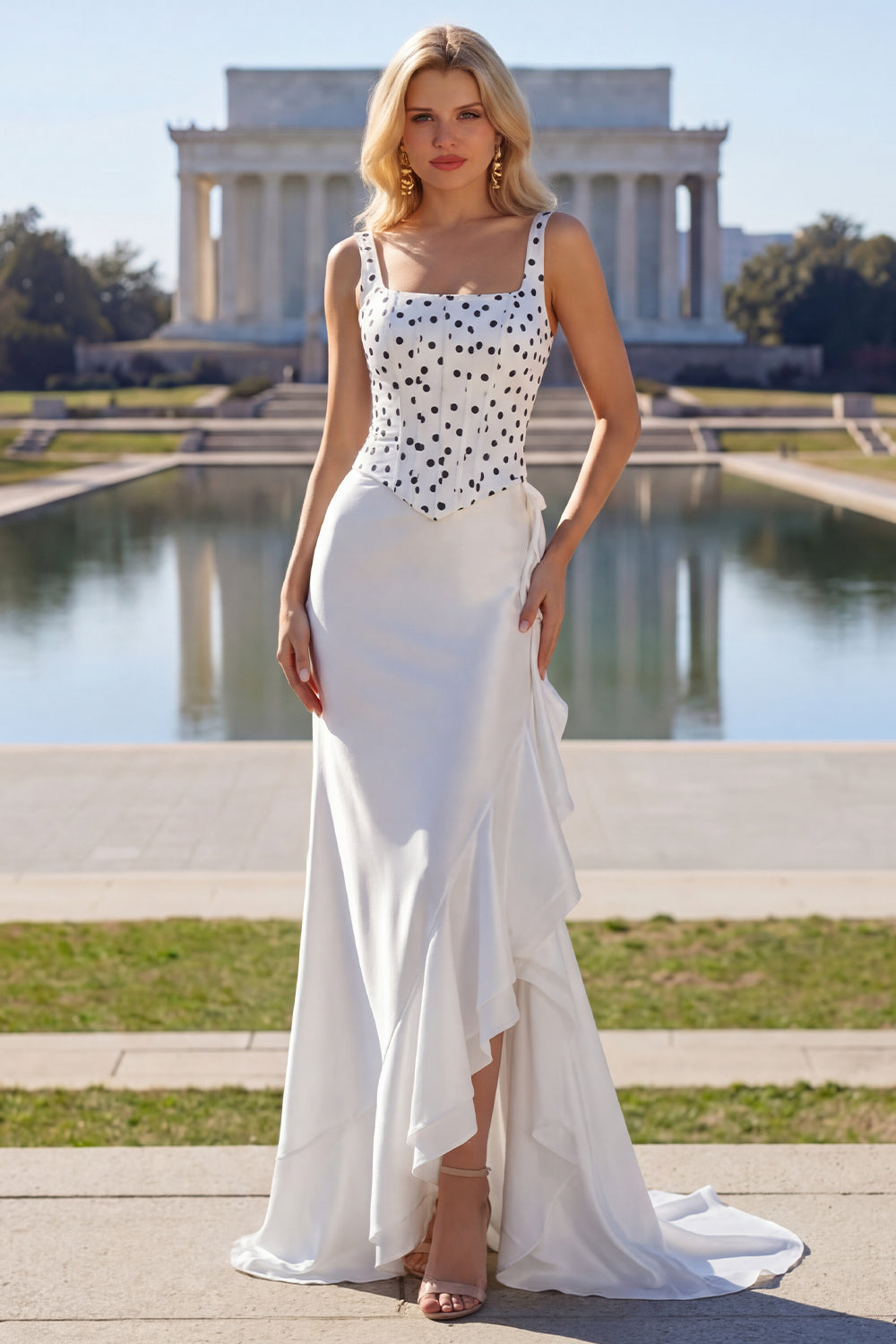 Black and White Polka Dots Mermaid Ruffled Asymmetrical Corset Prom Dress