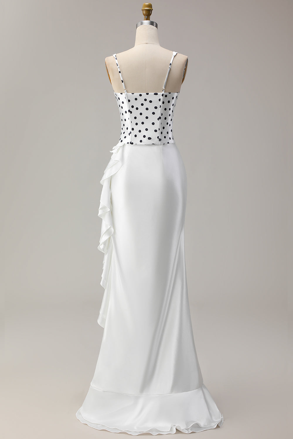 Black and White Polka Dots Corset Mermaid Asymmetrical Prom Dress with Ruffles