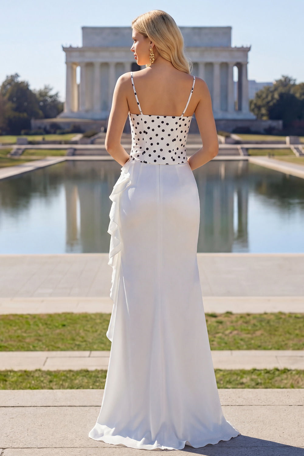 Black and White Polka Dots Mermaid Ruffled Asymmetrical Corset Prom Dress