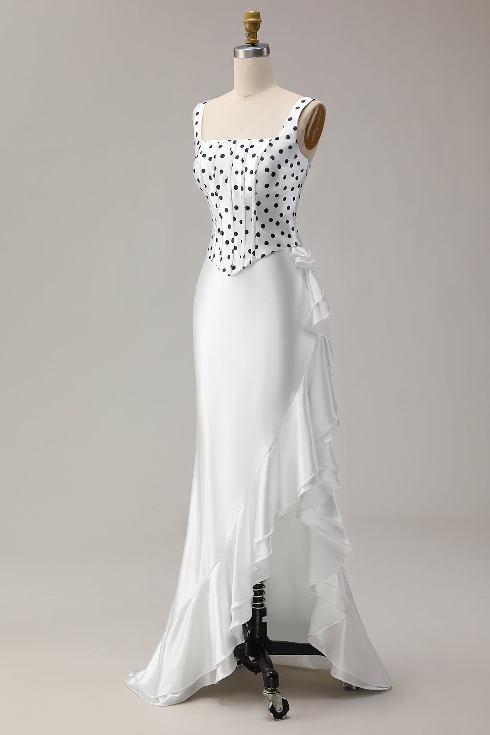 Black and White Polka Dots Corset Mermaid Asymmetrical Prom Dress with Ruffles