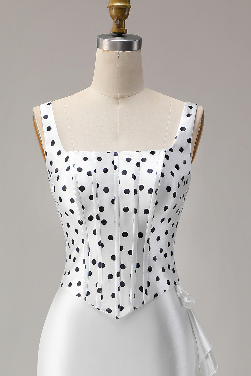 Black and White Polka Dots Corset Mermaid Asymmetrical Prom Dress with Ruffles