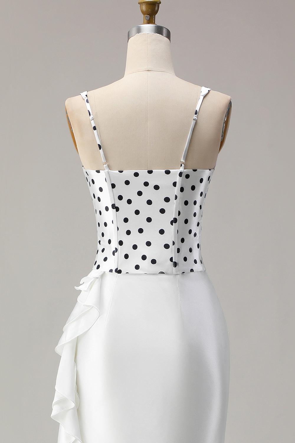 Black and White Polka Dots Corset Mermaid Asymmetrical Prom Dress with Ruffles