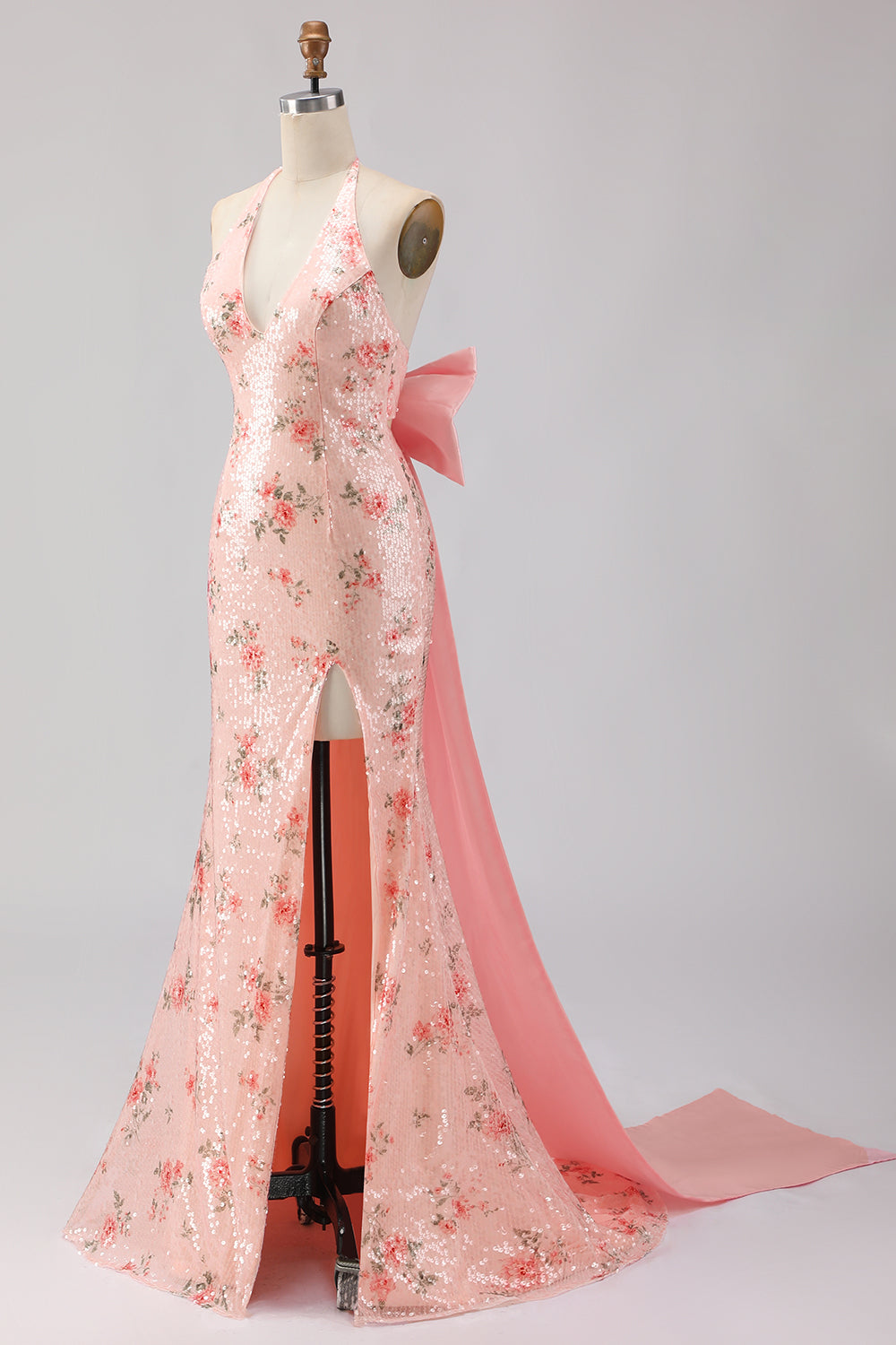 Sparkly Blush Halter Floral Mermaid Long Corset Prom Dress with Bow