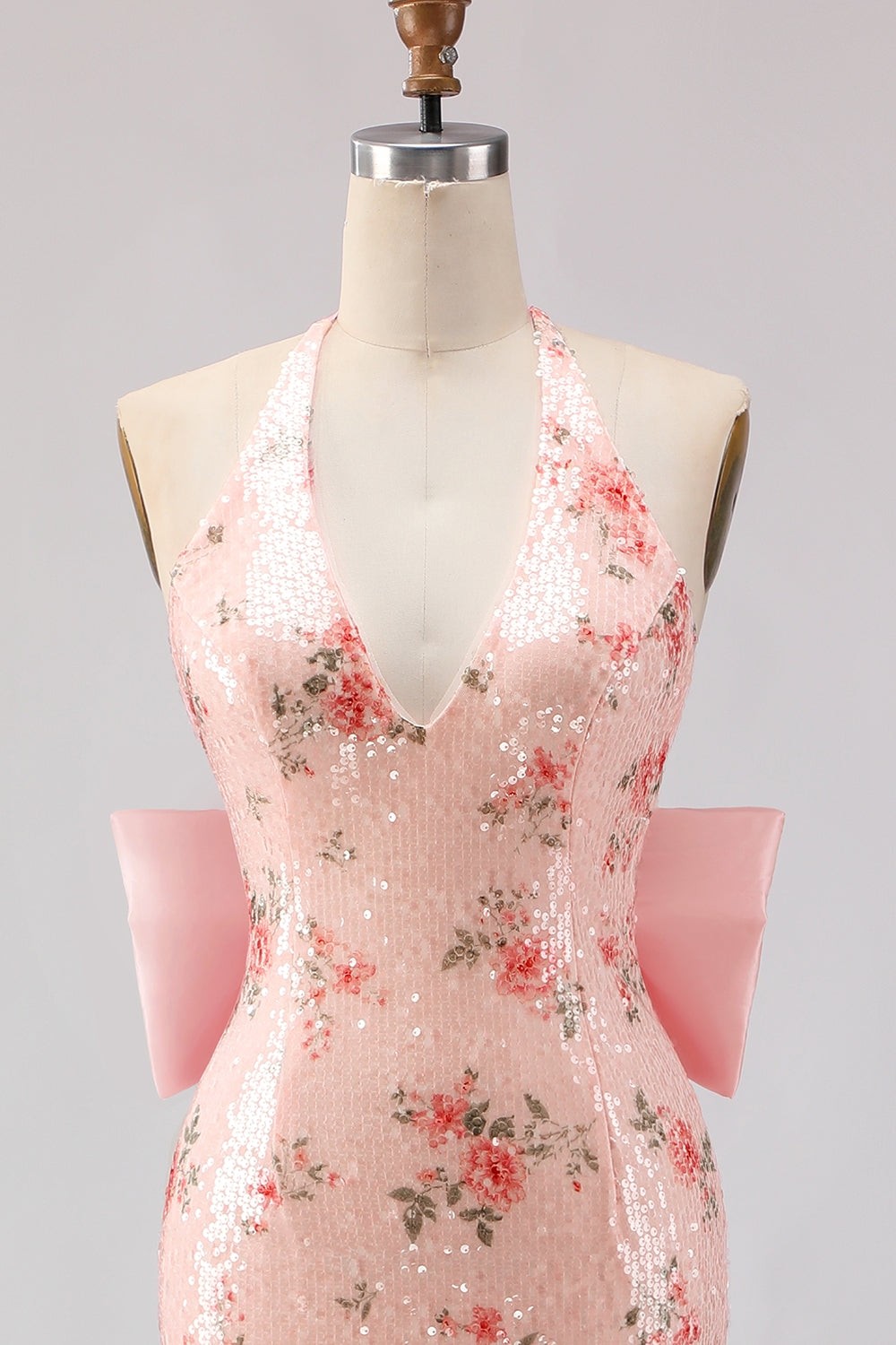 Sparkly Blush Halter Floral Mermaid Long Corset Prom Dress with Bow