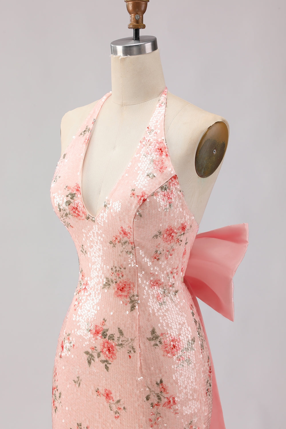 Sparkly Blush Halter Floral Mermaid Long Corset Prom Dress with Bow