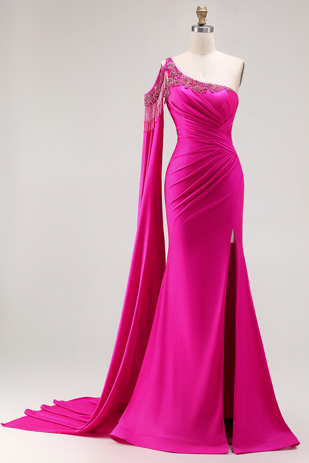 Sparkly Fuchsia Beaded Mermaid Long Prom Dress with Cape