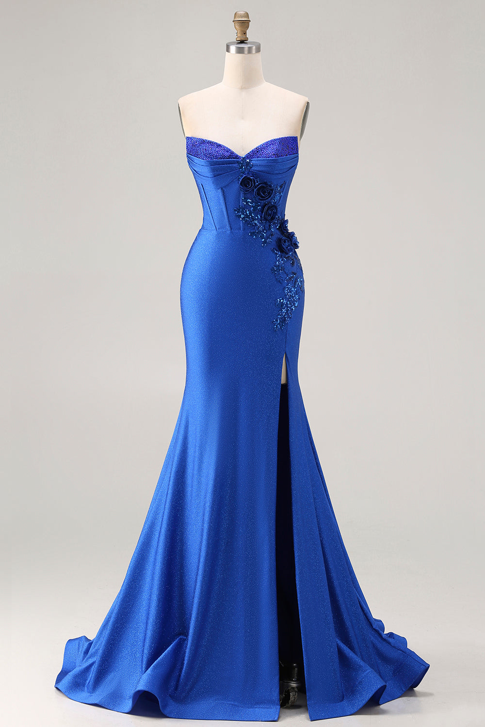 Sparkly Royal Blue Plus Size Beaded Mermaid Long Corset Prom Dress with Appliques