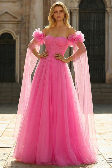 Hot Pink Tulle Off the Shoulder Long Prom Dress with 3D Flowers