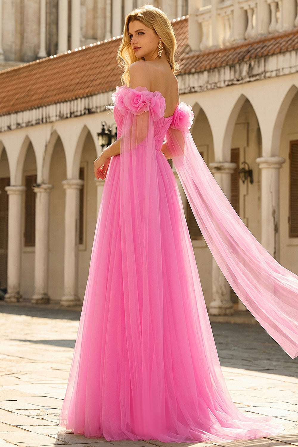 Hot Pink Off the Shoulder Long Tulle Prom Dress with 3D Flowers