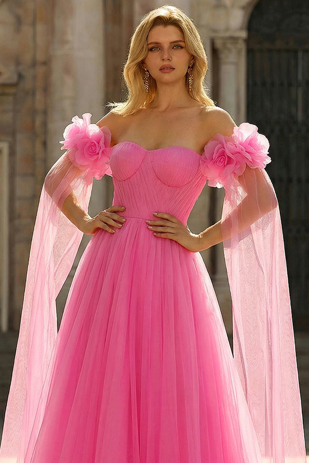Hot Pink Tulle Off the Shoulder Long Prom Dress with 3D Flowers