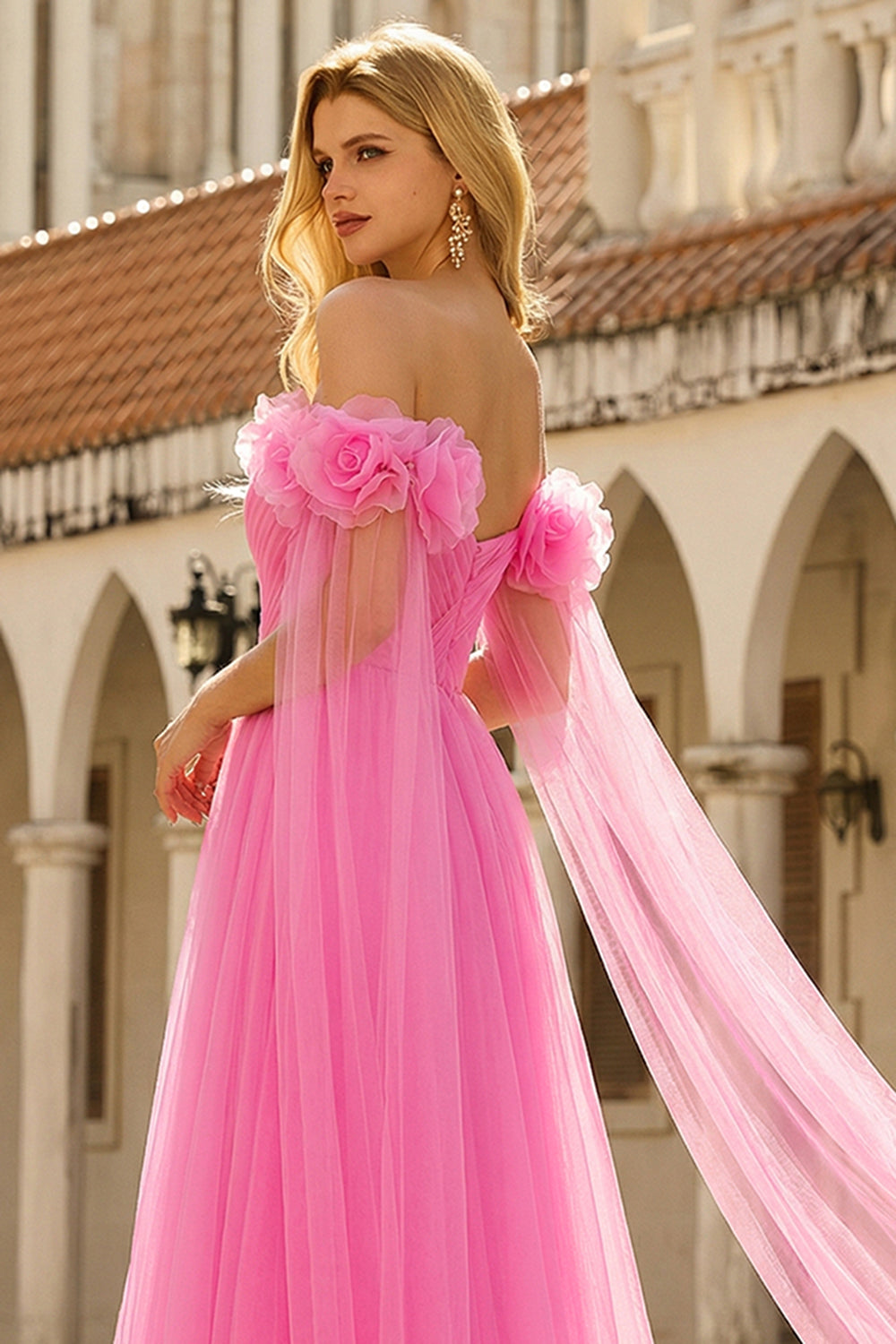 Hot Pink Tulle Off the Shoulder Long Prom Dress with 3D Flowers