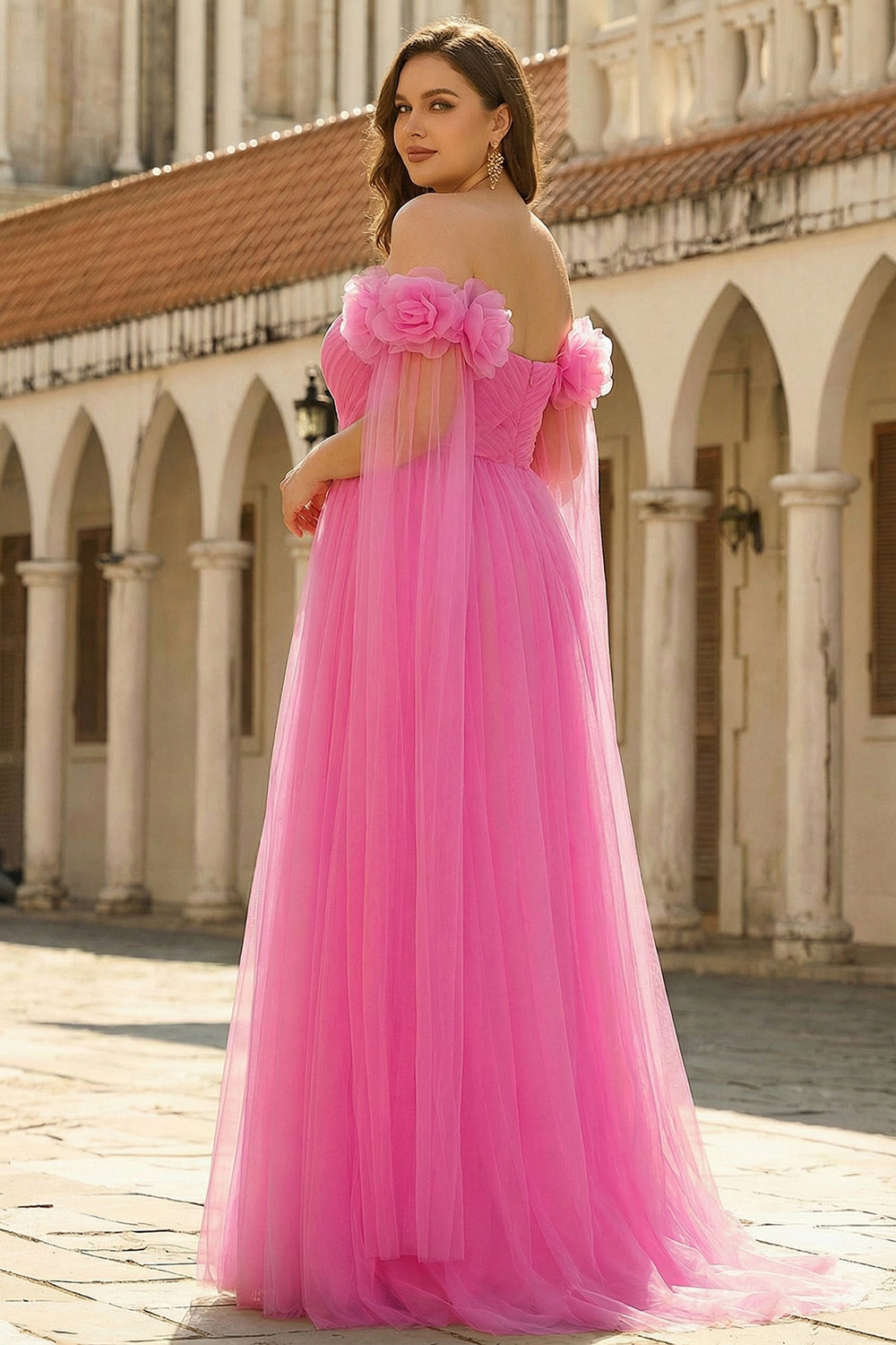 Hot Pink Off the Shoulder Long Tulle Prom Dress with 3D Flowers