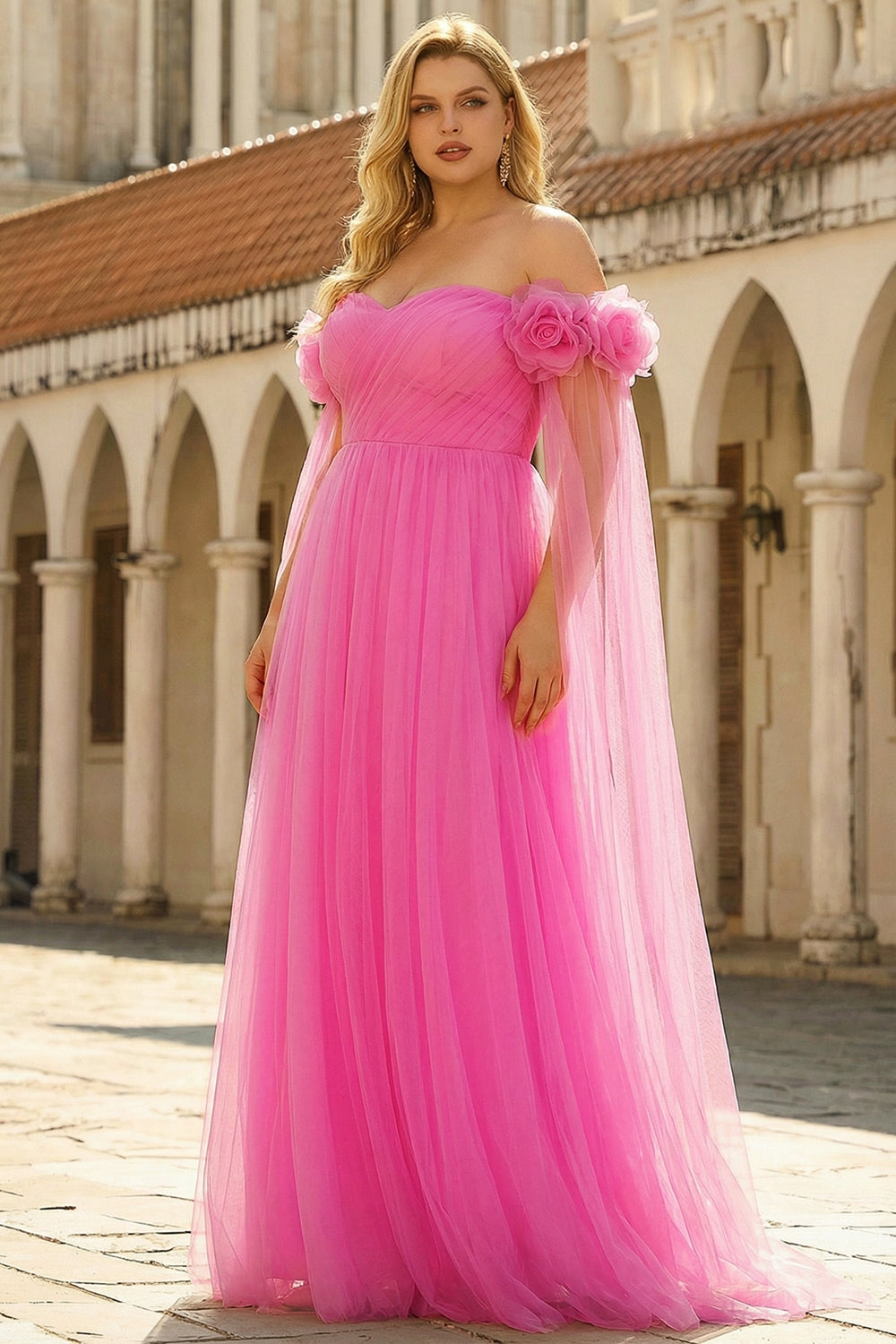 Hot Pink Off the Shoulder Long Tulle Prom Dress with 3D Flowers