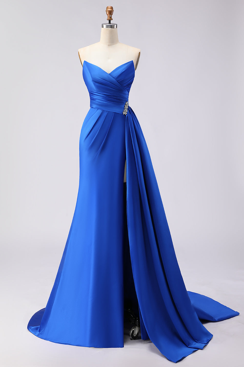 Royal Blue Mermaid Strapless Long Prom Dress with Side Cape