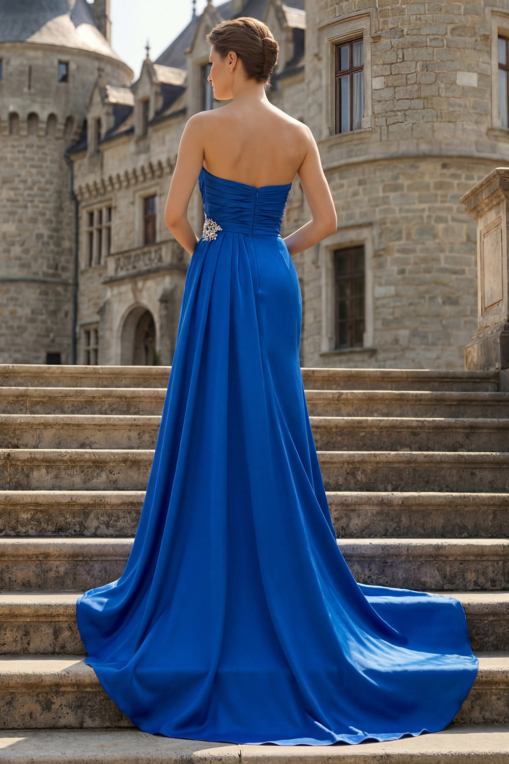 Royal Blue Mermaid Strapless Long Prom Dress with Side Cape