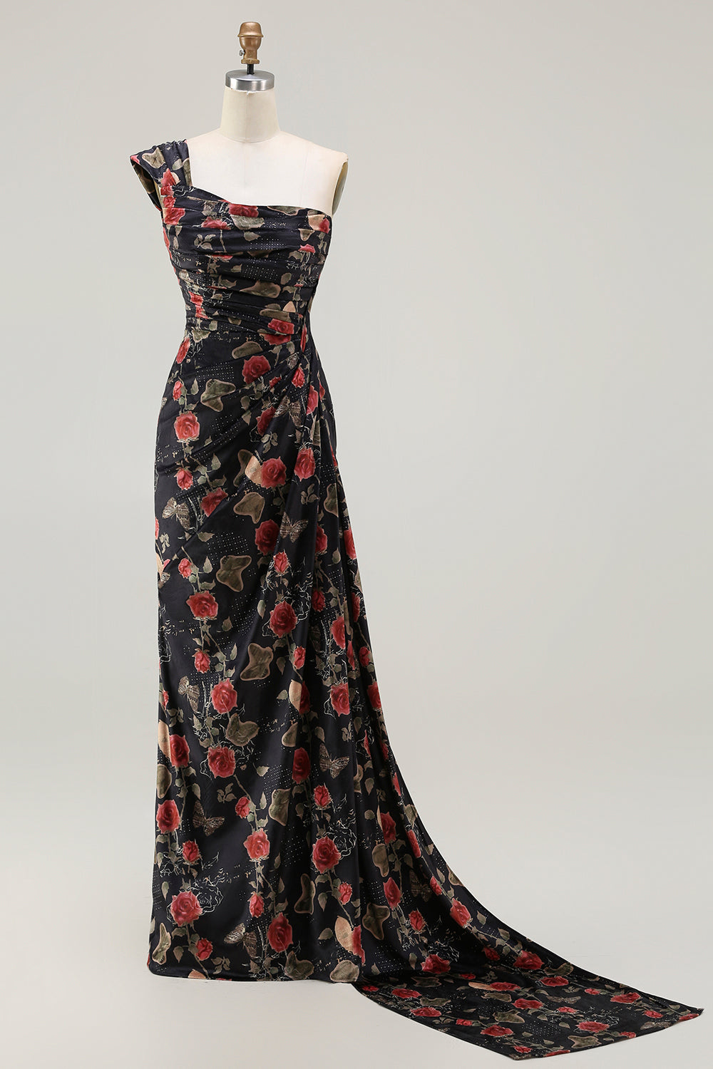 Floral Blush Mermaid Ruched Long Prom Dress with Slit