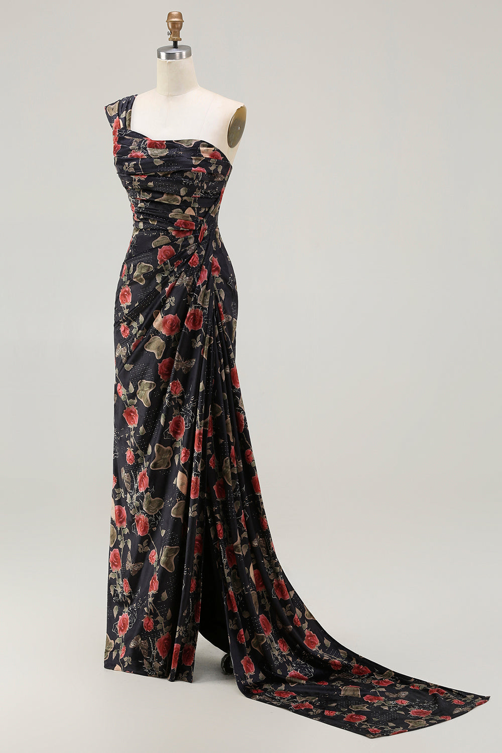 Floral Blush Mermaid Ruched Long Prom Dress with Slit