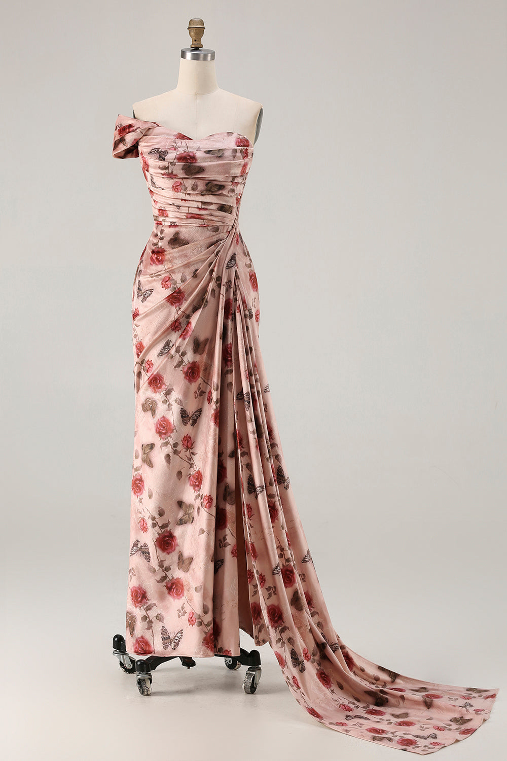 Floral Black and Red Mermaid Long Prom Dress with Slit