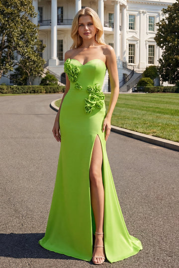 Green Satin Mermaid Sweetheart Long Prom Dress with 3D Flowers