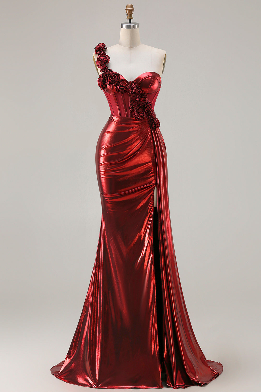 Sparkly Red Metallic Ruched Long Corset Prom Dress with 3D Flowers