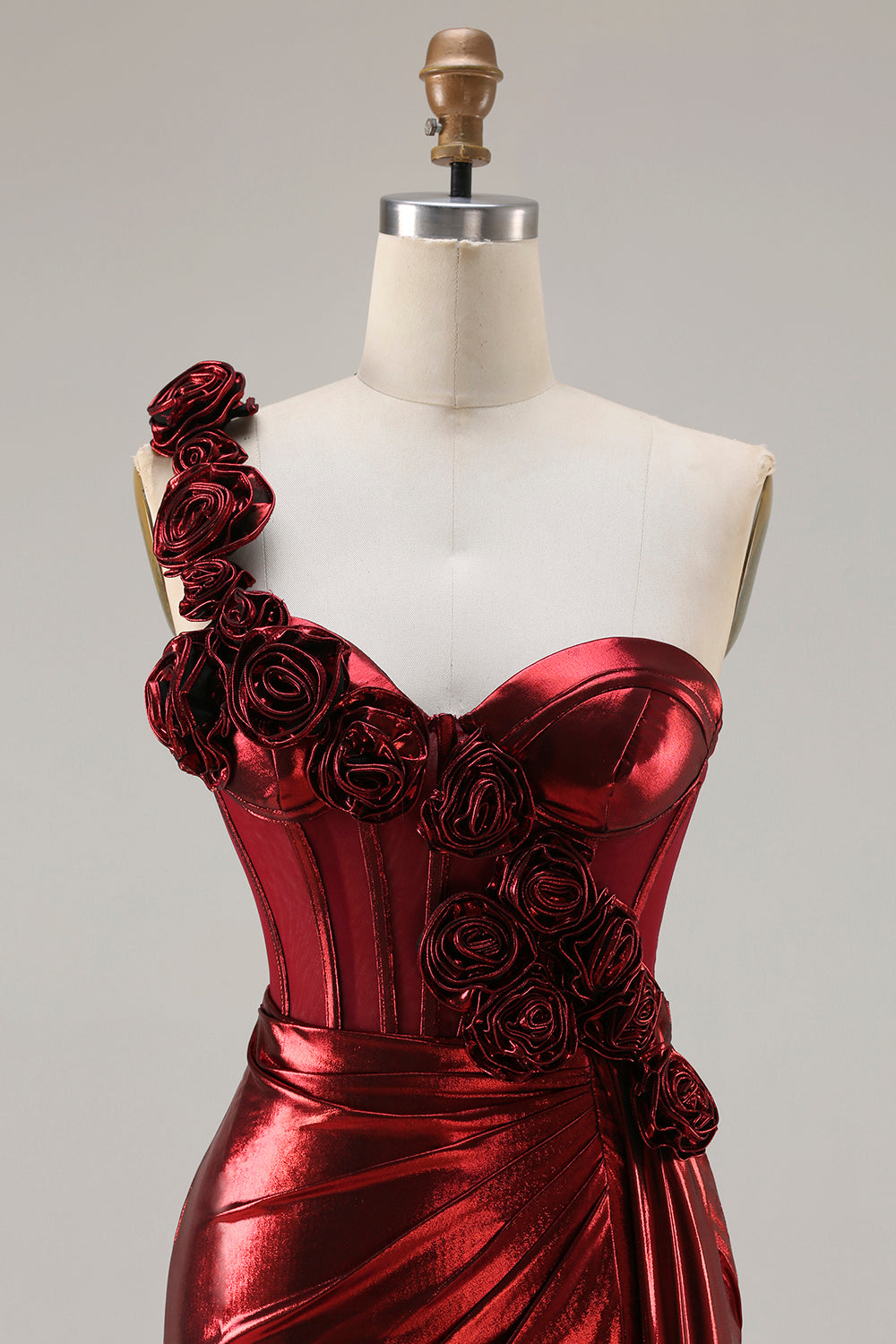 Sparkly Red Metallic Ruched Long Corset Prom Dress with 3D Flowers