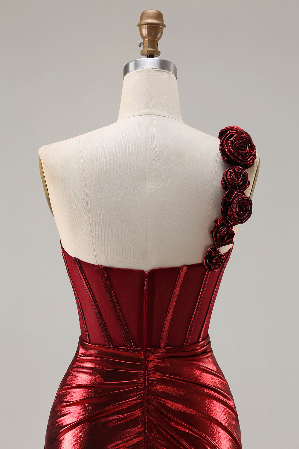 Sparkly Red Metallic Ruched Long Corset Prom Dress with 3D Flowers