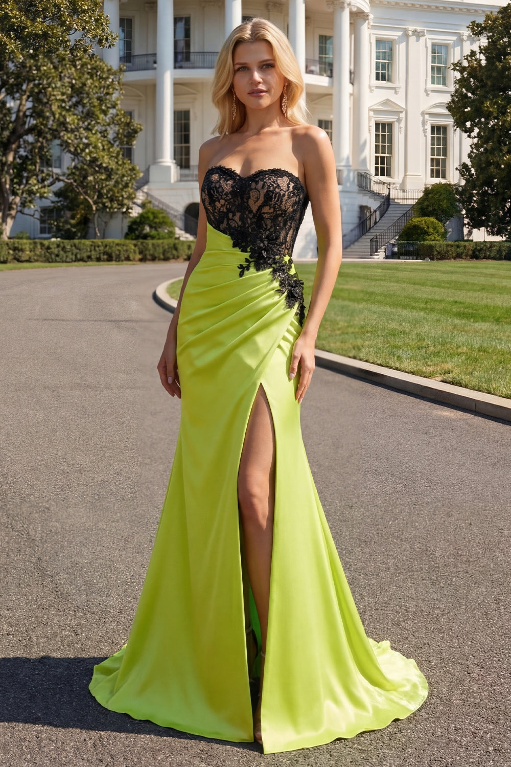 Black and Green Mermaid Ruched Long Corset Prom Dress with Slit