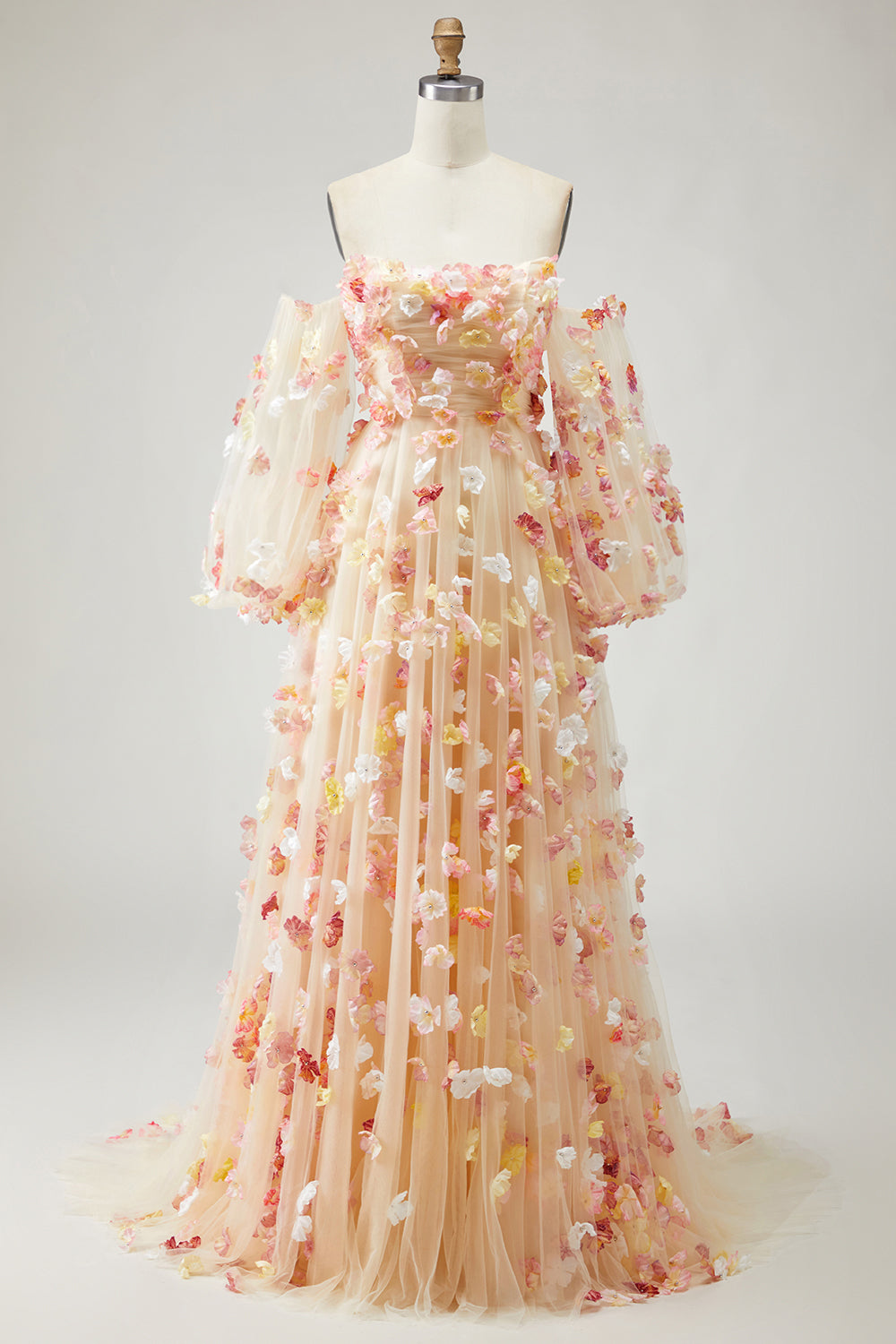 Floral Champagne Tulle A Line Long Prom Dress with Detachable Sleeves