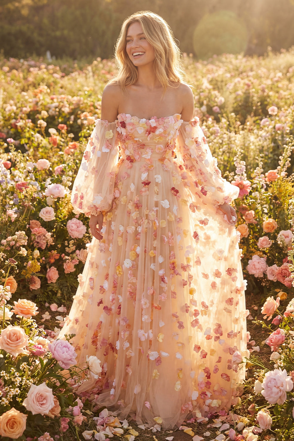 Champagne Floral A-Line Tulle Long Prom Dress with Detachable Sleeves
