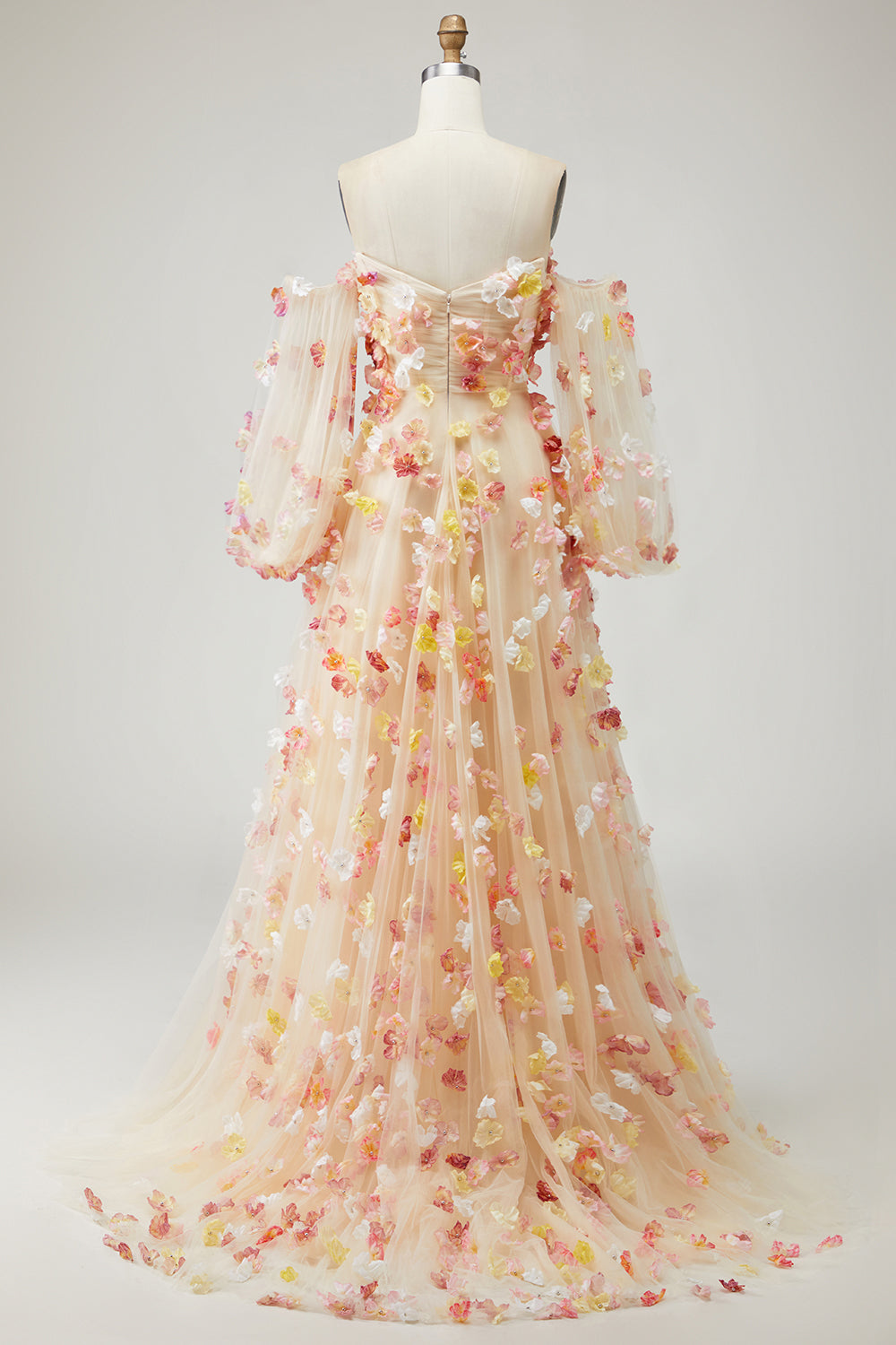 Floral Champagne Tulle A Line Long Prom Dress with Detachable Sleeves