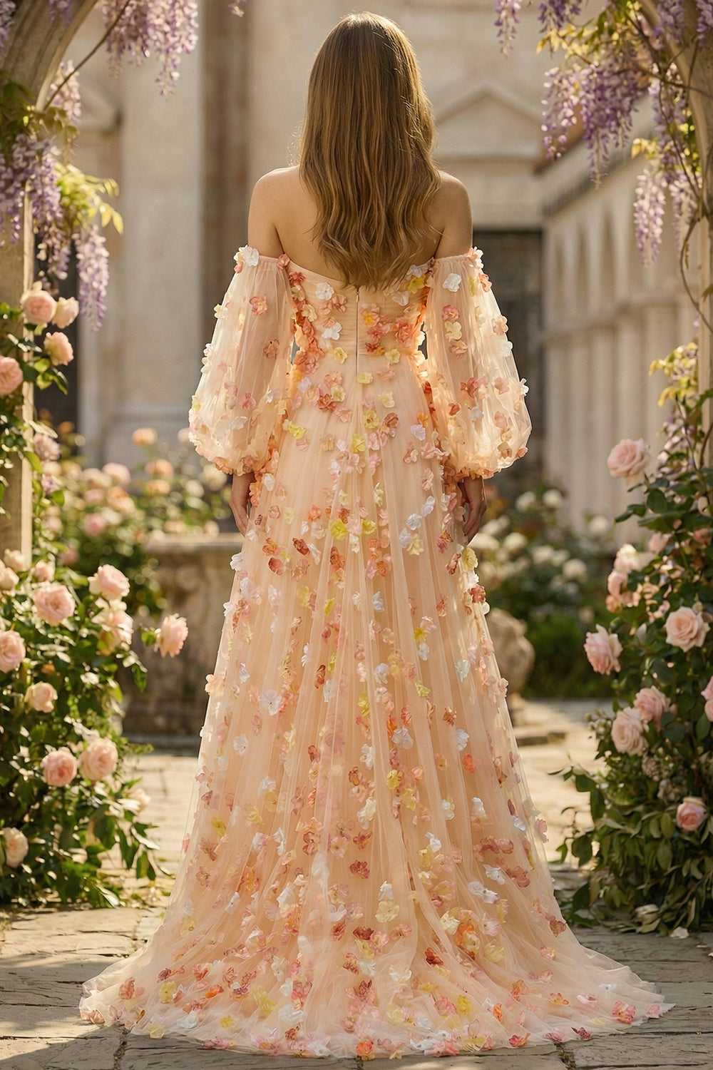 Floral Champagne Tulle A Line Long Prom Dress with Detachable Sleeves