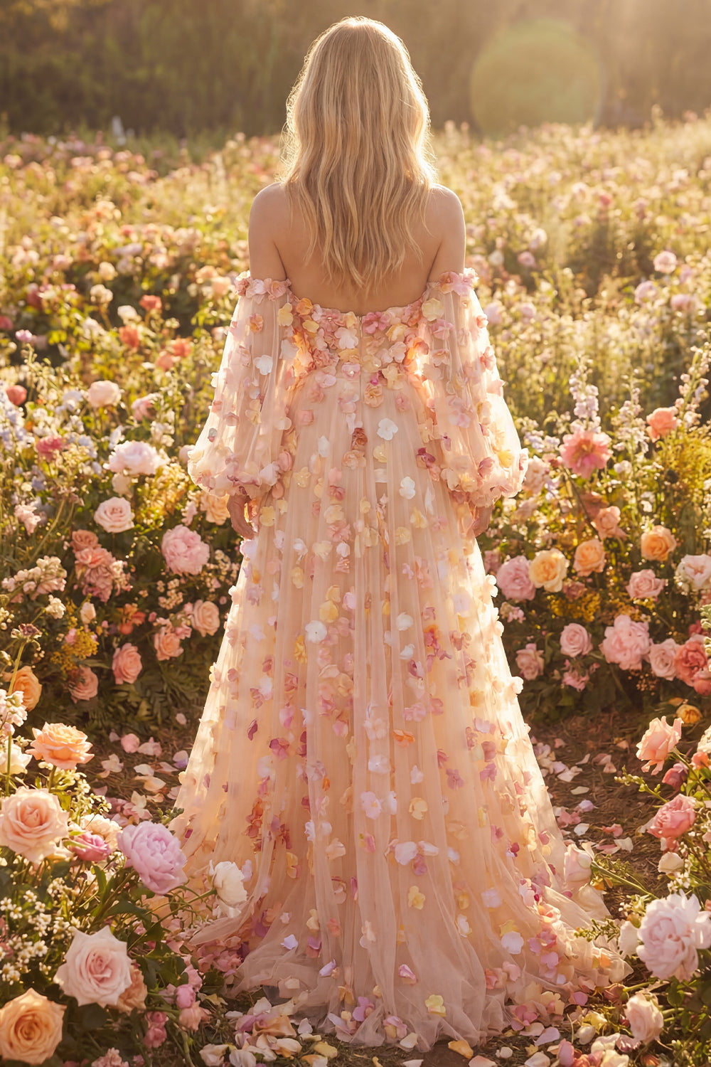 Champagne Floral A-Line Tulle Long Prom Dress with Detachable Sleeves