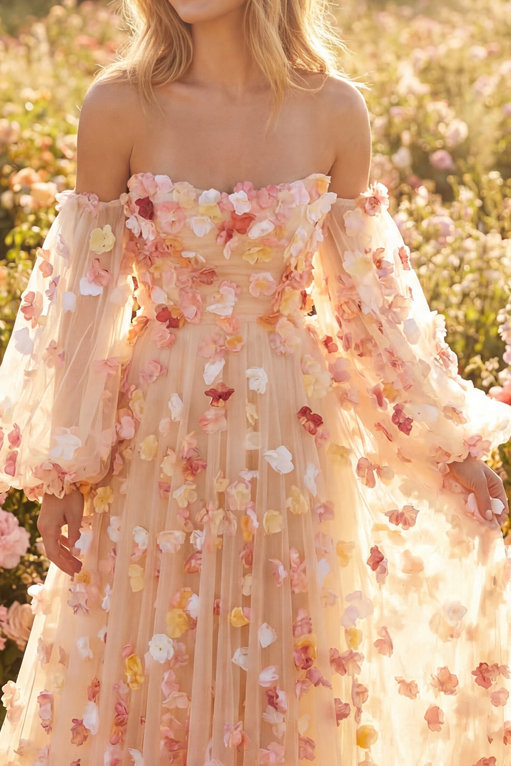 Champagne Floral A-Line Tulle Long Prom Dress with Detachable Sleeves