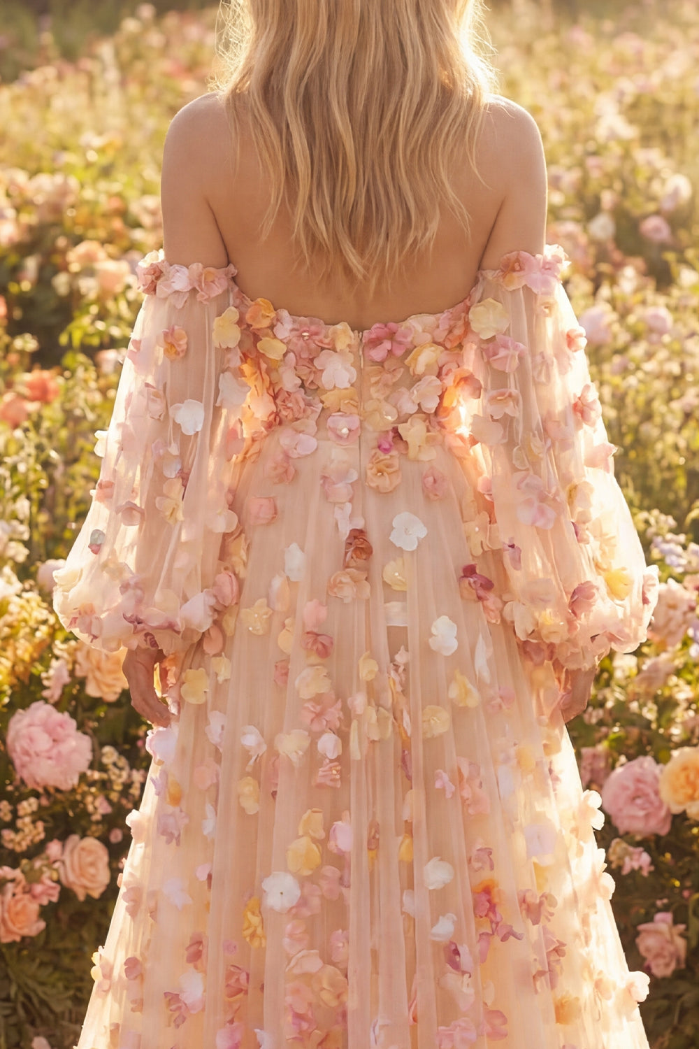 Champagne Floral A-Line Tulle Long Prom Dress with Detachable Sleeves