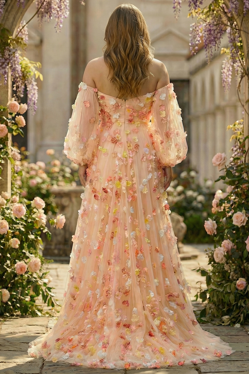 Floral Champagne Tulle A Line Long Prom Dress with Detachable Sleeves