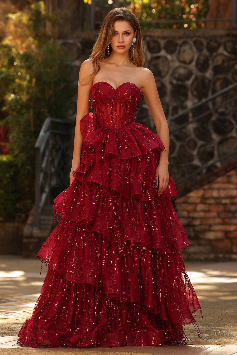 Sparkly Burgundy Sequins A Line Long Corset Prom Dress with Ruffles