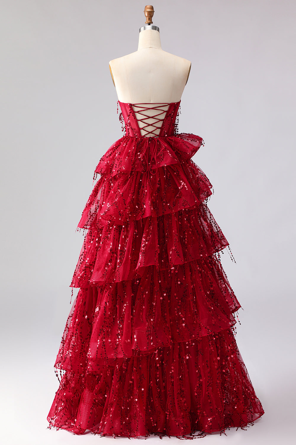 Sparkly Burgundy Sequins A Line Long Corset Prom Dress with Ruffles