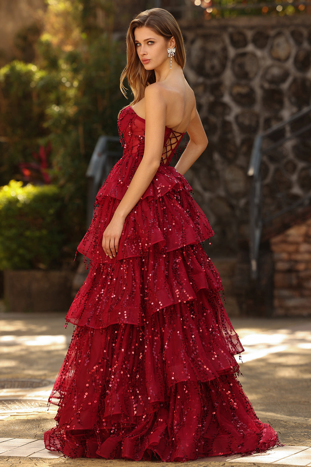 Sparkly Burgundy Sequins A Line Long Corset Prom Dress with Ruffles
