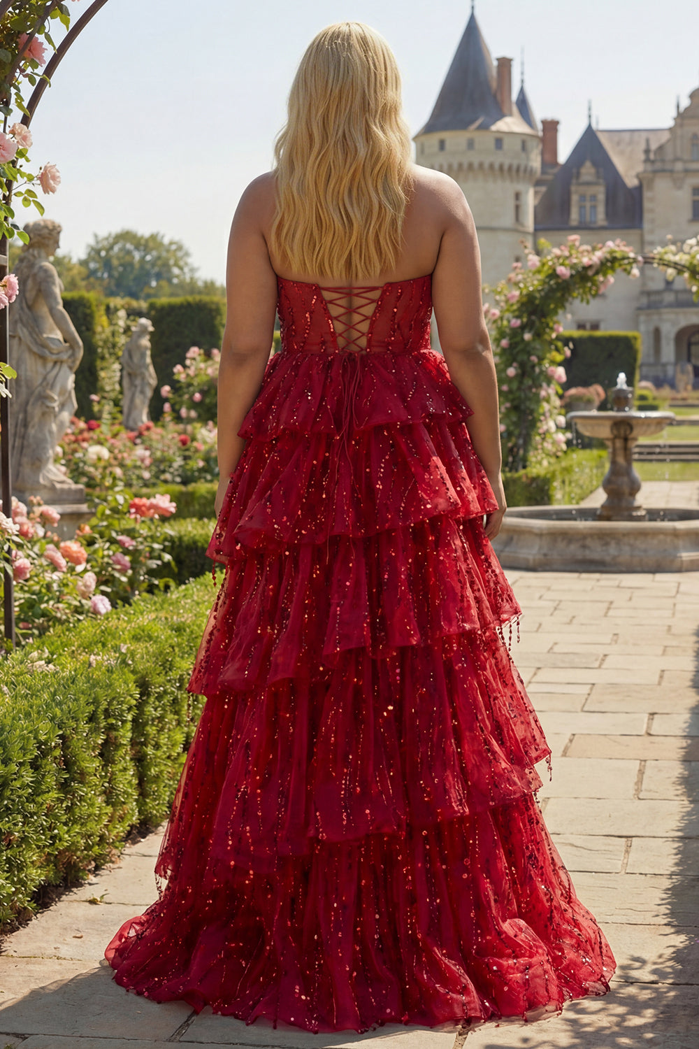 Sparkly Burgundy Sequins A Line Long Corset Prom Dress with Ruffles