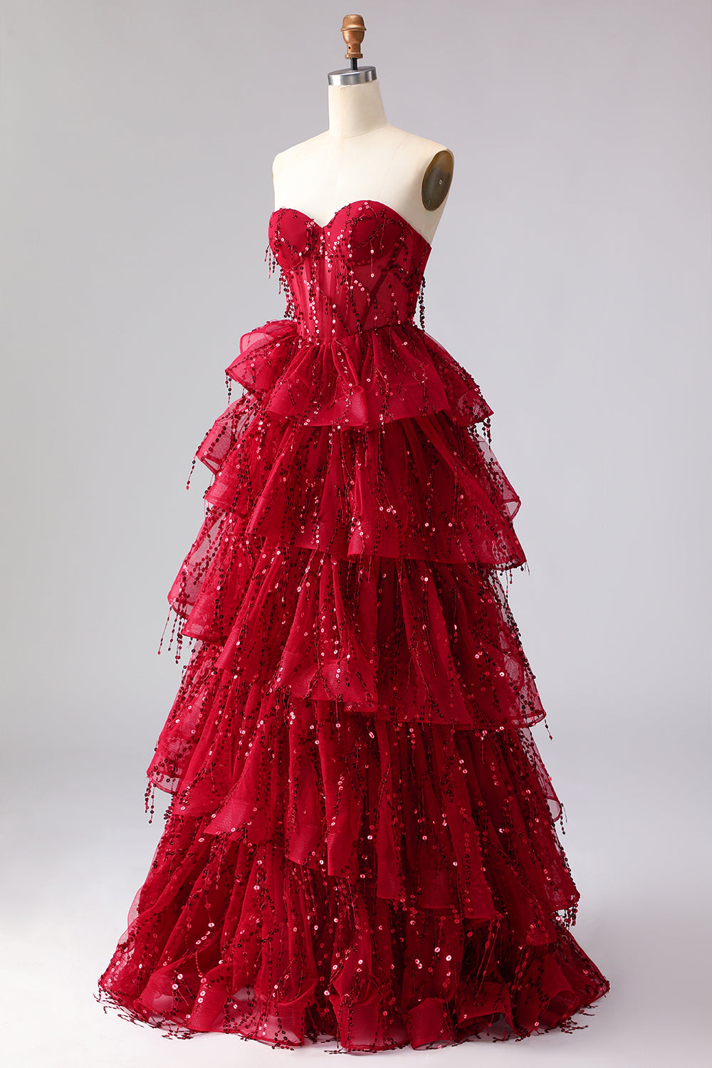 Sparkly Burgundy Sequins A Line Long Corset Prom Dress with Ruffles