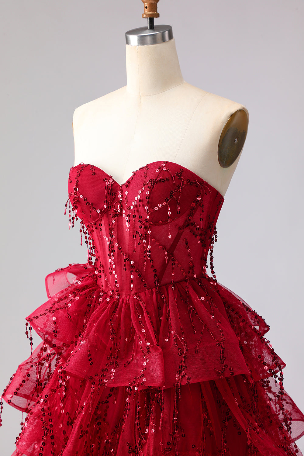Sparkly Burgundy Sequins A Line Long Corset Prom Dress with Ruffles