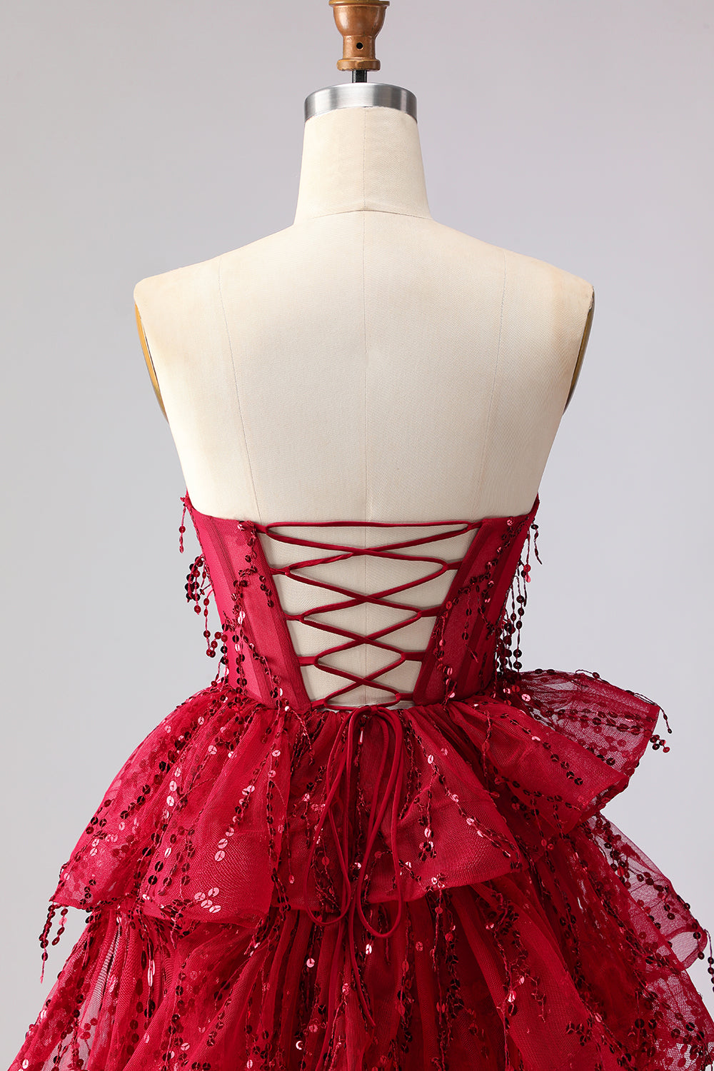 Sparkly Burgundy Sequins A Line Long Corset Prom Dress with Ruffles
