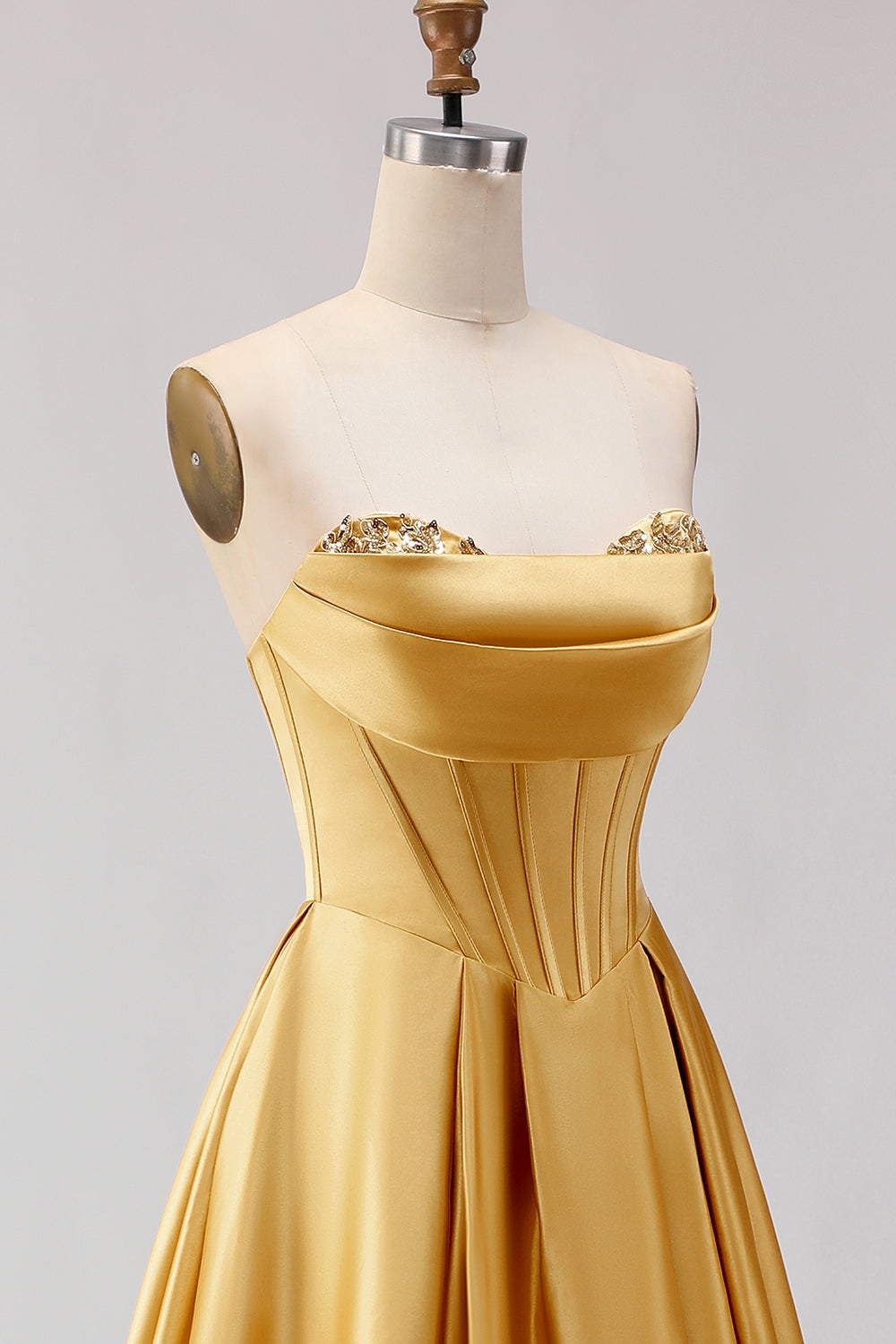 Golden A Line Sweetheart Long Corset Prom Dress with Slit